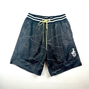 John Geiger JG Chenille Black Marble Logo Mesh Basketball Shorts Sporty Athletic